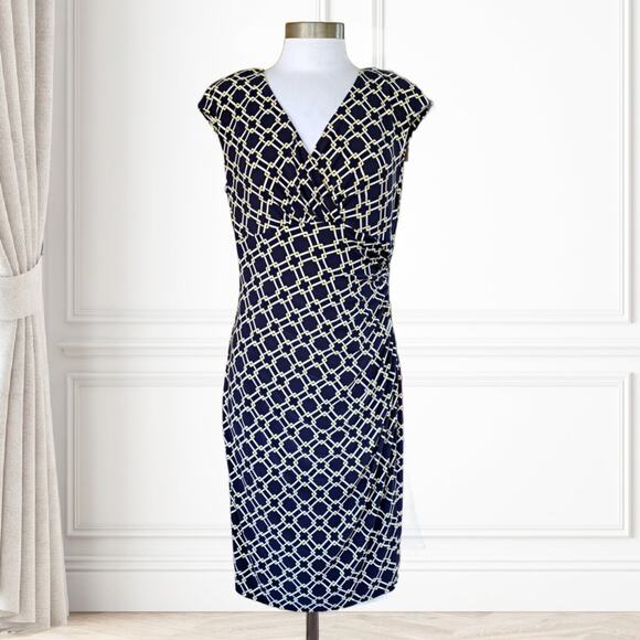 LAUREN Ralph Lauren Navy Blue Print Jersey Cap Sleeve Dress Ruched Sheath Sz 12 - Picture 1 of 8